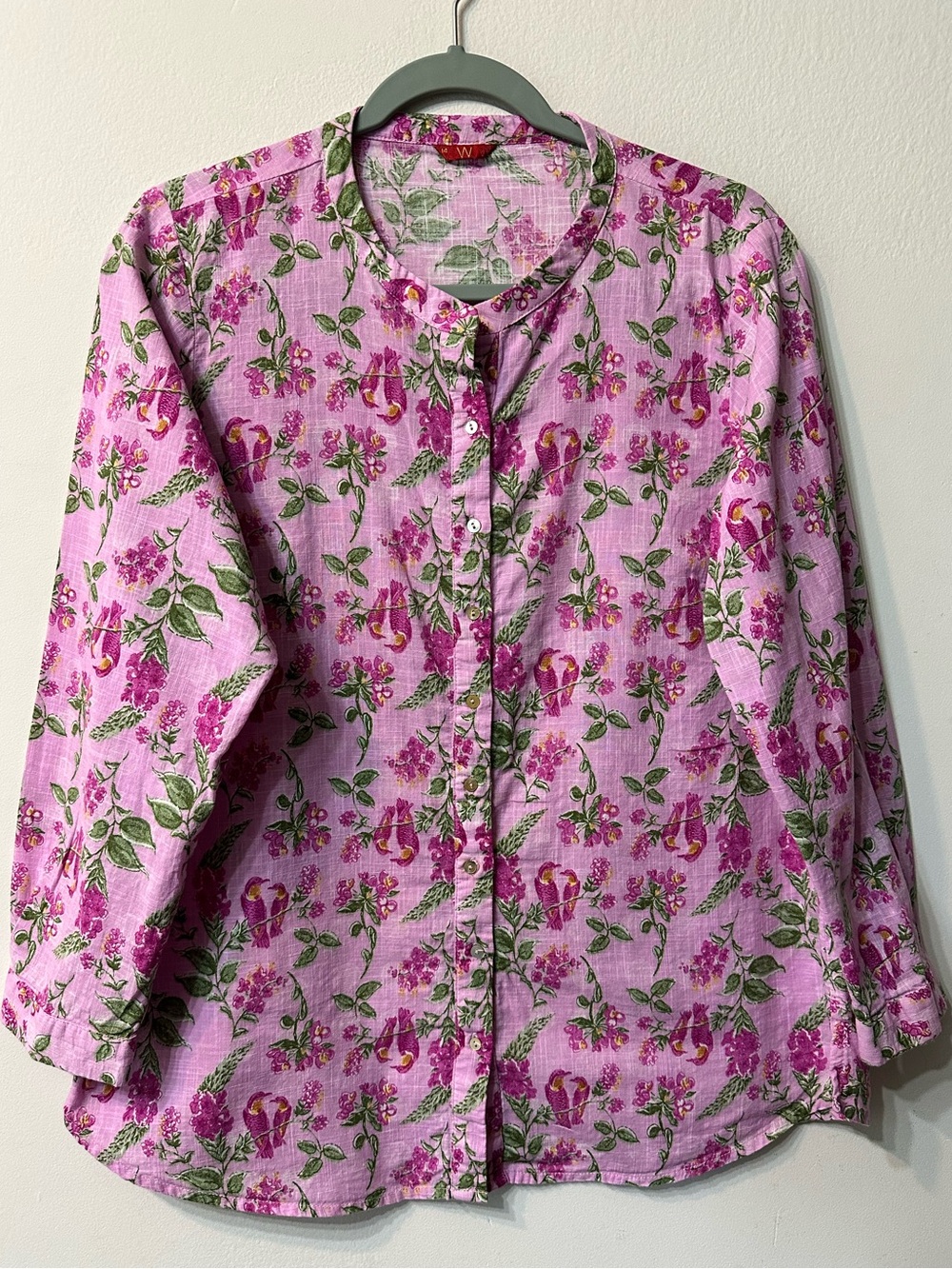 W for Women Pink Floral Bird Print cotton Shirt Size 14 Mandarin Collar